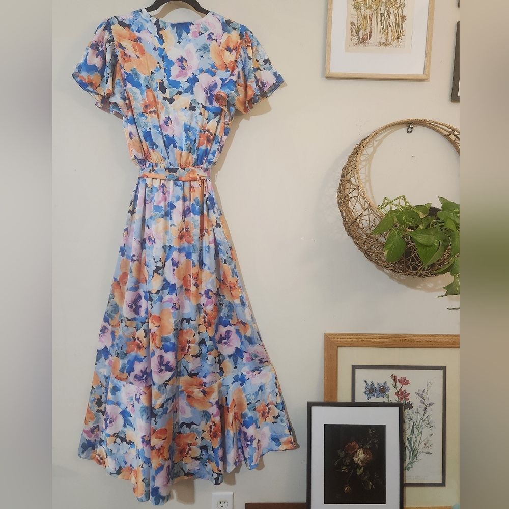 Nicole Miller NY S Floral Print V-Neck Faux Wrap Maxi Dress - Picture 5 of 5